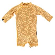 UV BABYPAKJE STU-ART SUN, beschermde badpak voor meisjes en jongens, oranje met zonnen, upf50+, www.littlelegends.nl