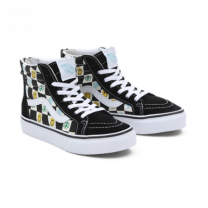 VANS SK8-HI ZIP MELTED CHECK, zwart, wit, emoji, peace, paddenstoel, checkerboard, hoge sneakers, schoenen, www.littlelegends.nl