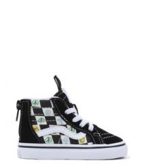 VANS SK8-HI ZIP MELTED CHECK, peace, smiley, tekens, checkerboard, schoenen, sneakers, zwart met wit. www.littlelegends.nl